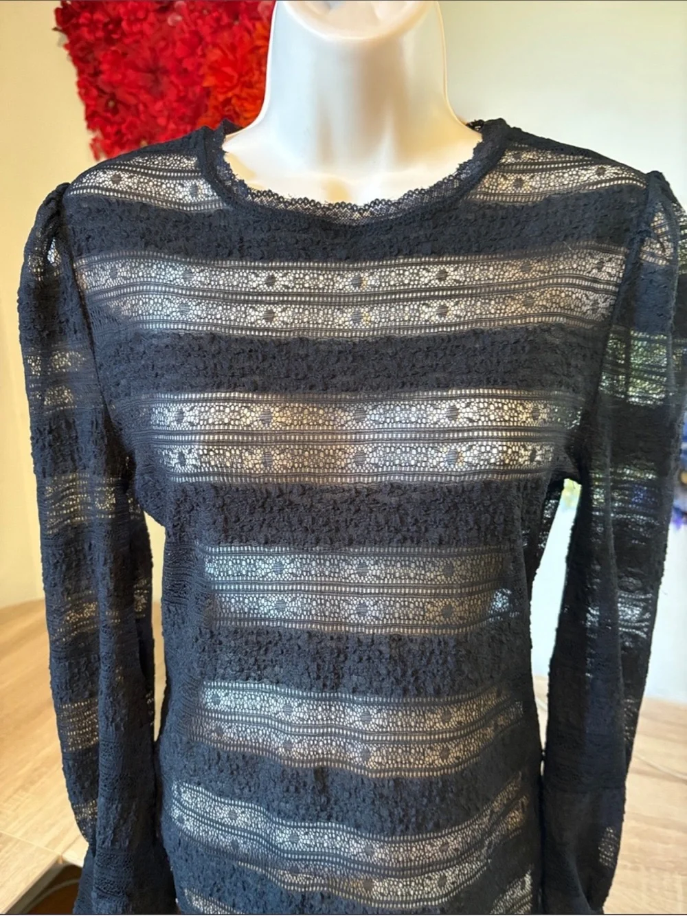 Free People by Intimately Free Black Lace Sheer Blouse Top